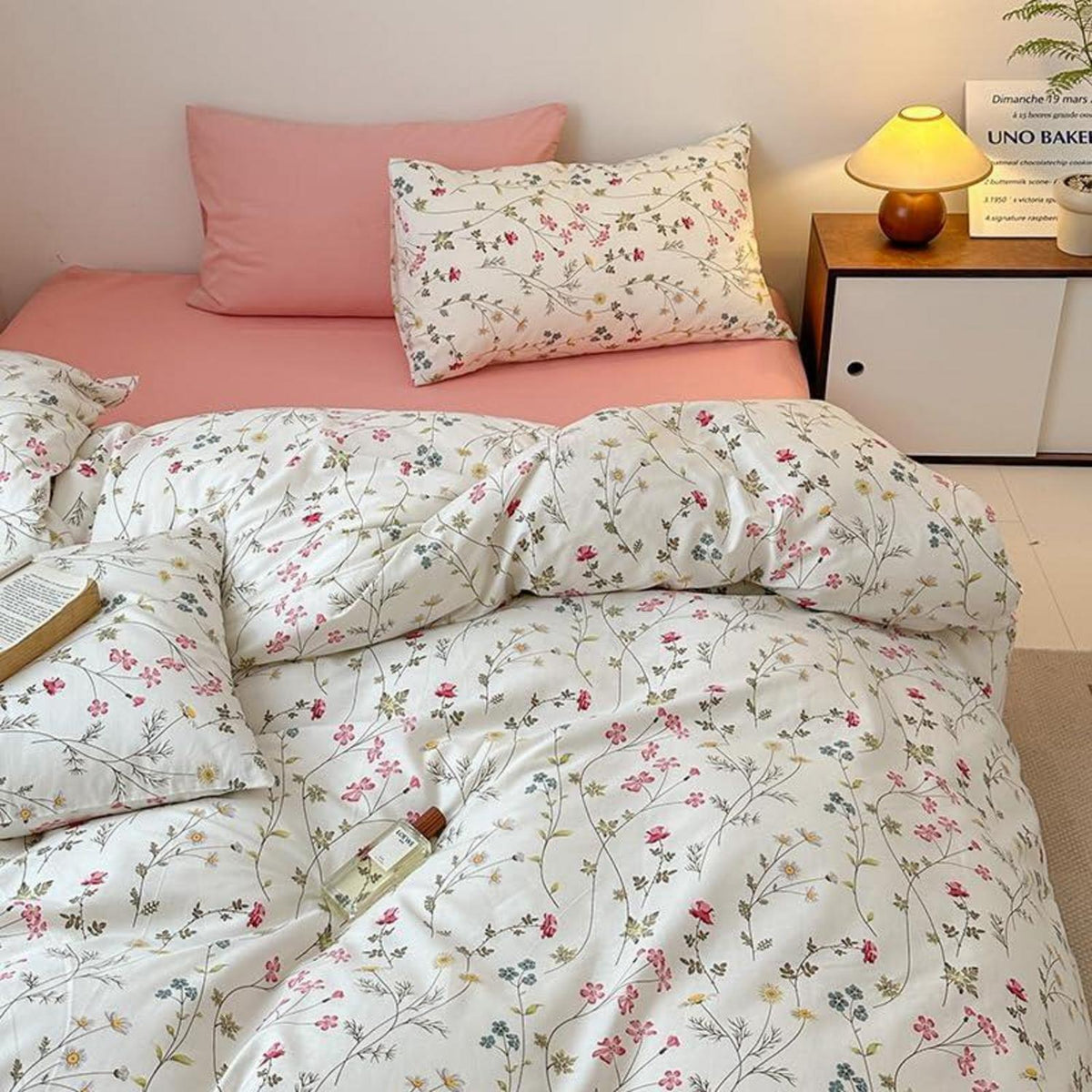 Baumwoll Bettwäsche Set Blumen Beige Rosa 220x240 cm