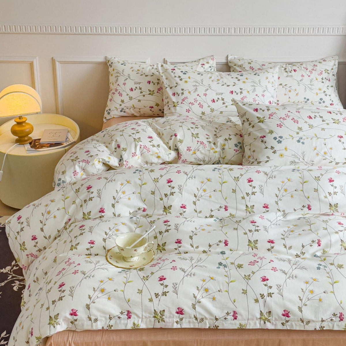 Baumwoll Bettwäsche Set Blumen Beige Rosa 220x240 cm