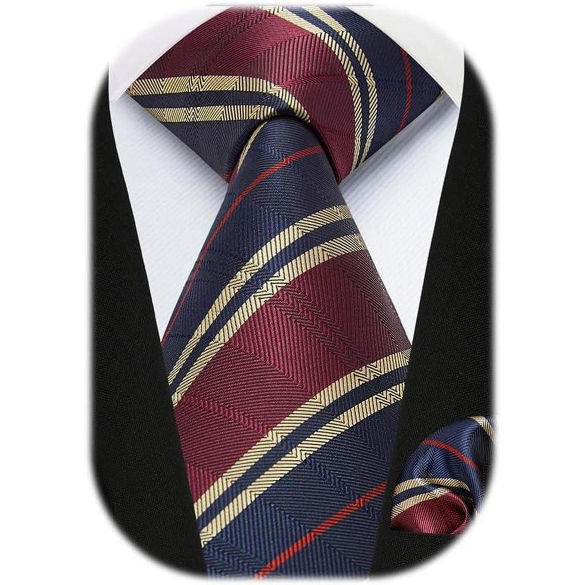 Herren Krawatte & Einstecktuch Set Gestreift Marineblau/Burgundy