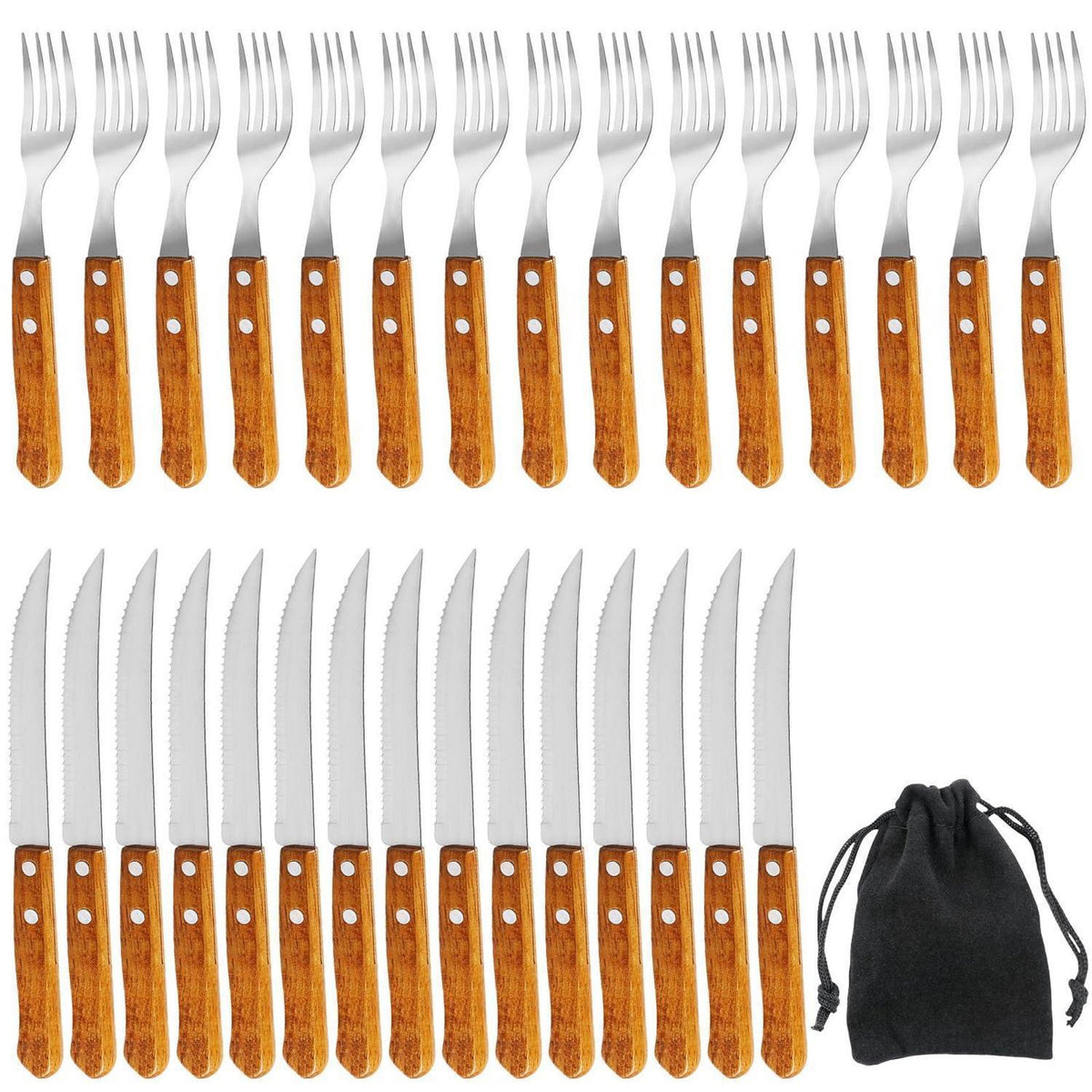 30-teiliges Steakbesteck-Set | 15 Messer & 15 Gabeln | Edelstahl mit Holzgriff