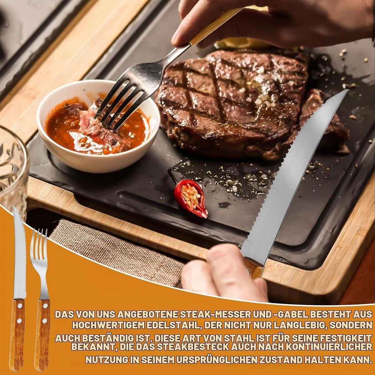 30-teiliges Steakbesteck-Set | 15 Messer & 15 Gabeln | Edelstahl mit Holzgriff