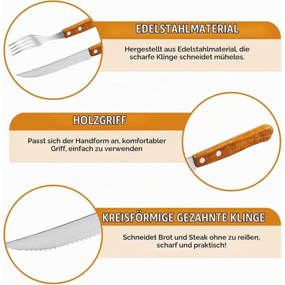 30-teiliges Steakbesteck-Set | 15 Messer & 15 Gabeln | Edelstahl mit Holzgriff