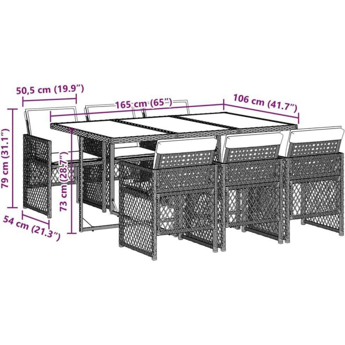 Garten Essgruppe 7-teilig mit Kissen, Grau Poly Rattan