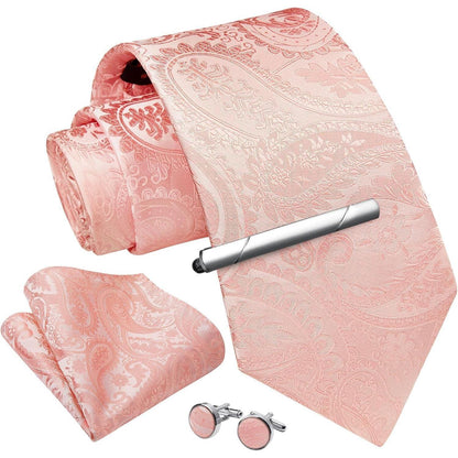 Herren Krawatten Set mit Einstecktuch, Krawattenklammer & Manschettenknöpfen, Hellrosa