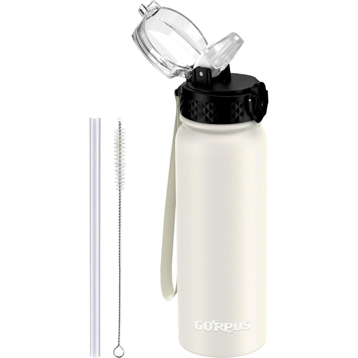 Edelstahl Trinkflasche 600ml mit Strohhalm, Beige