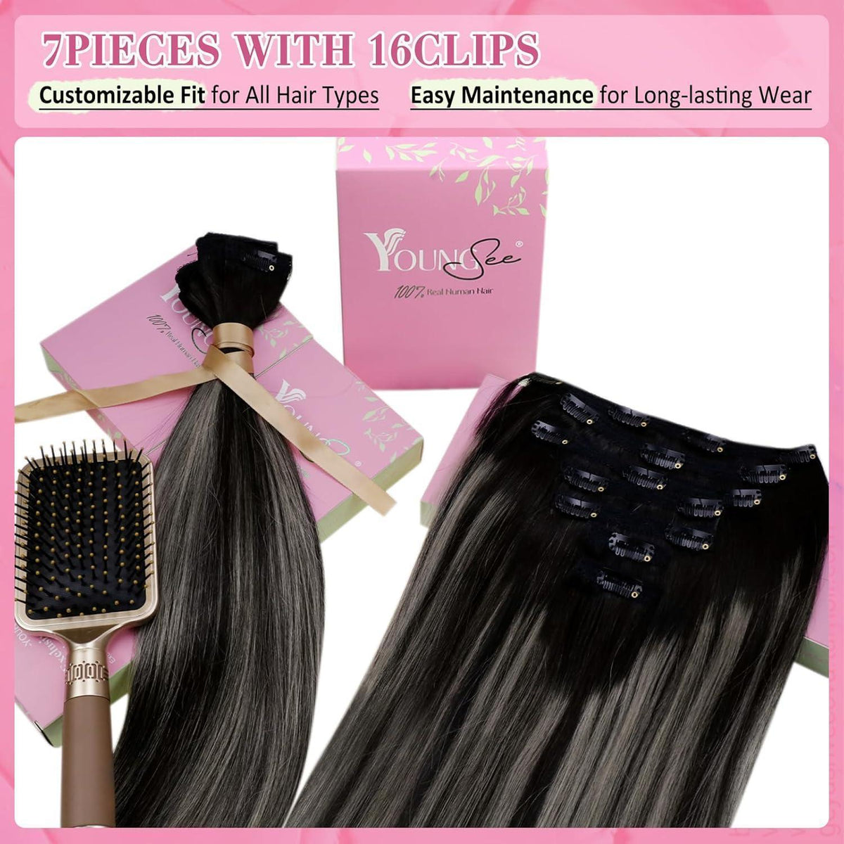 Clip-in Echthaar Extensions Ombre Schwarz Silber 45cm