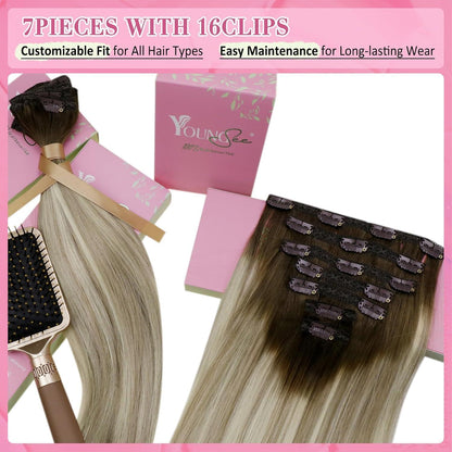Clip-in Haarverlängerung Echthaar Balayage Dunkelbraun Blond 55cm