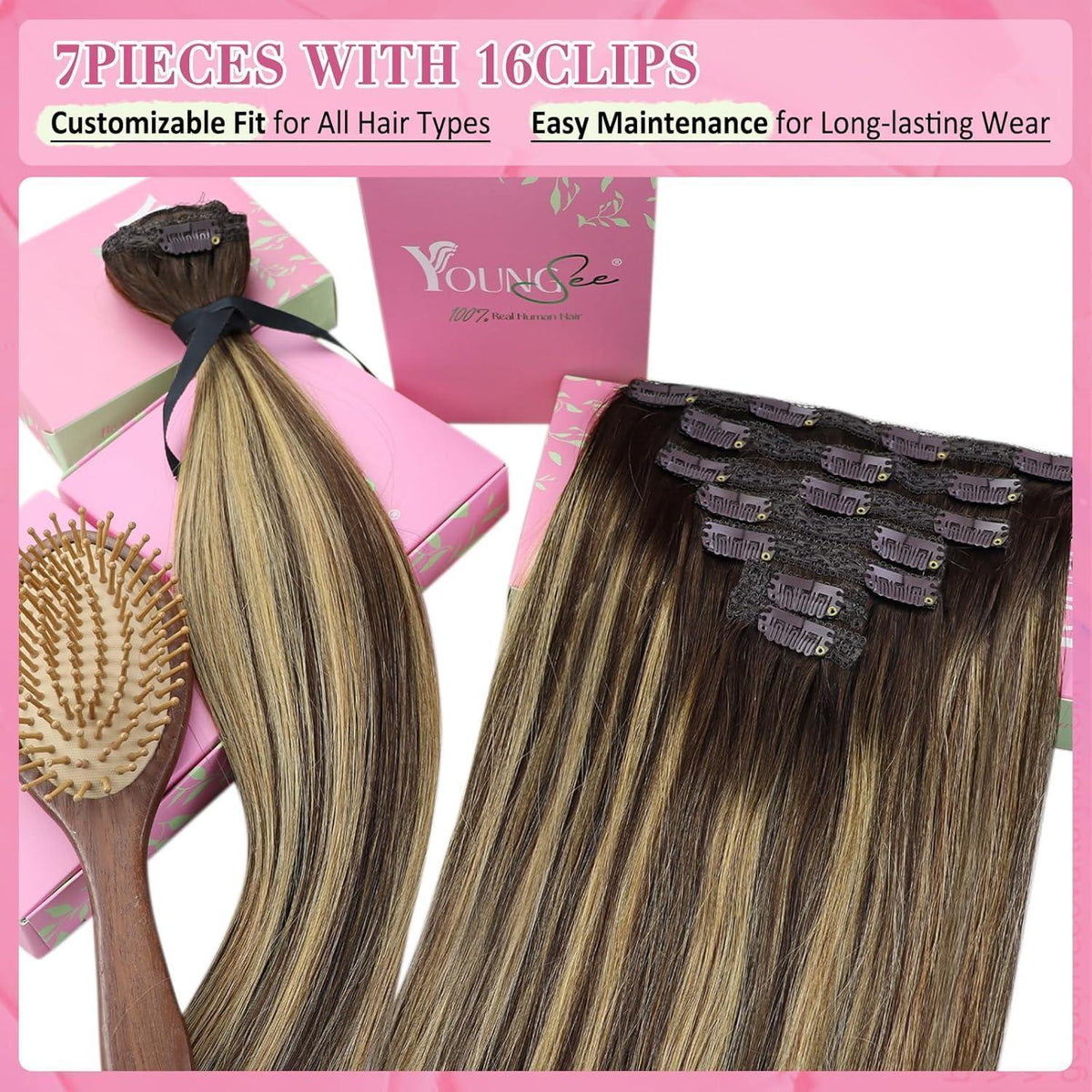 Echthaar Clip-in Extensions Ombre Dunkelbraun Karamellblond 50cm