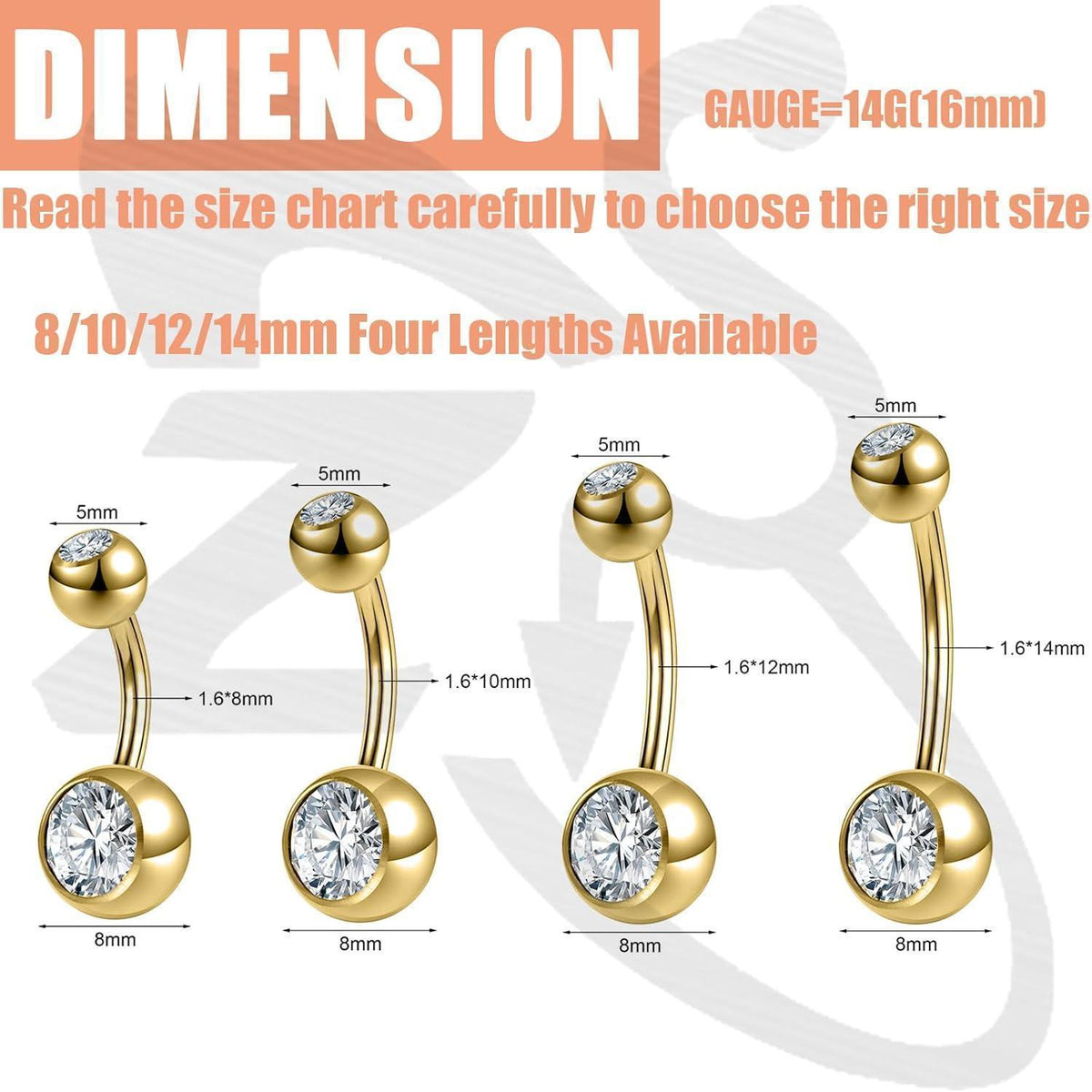 Bauchnabelpiercing Titan 14G mit Zirkonia, Bananenring Gold 8mm