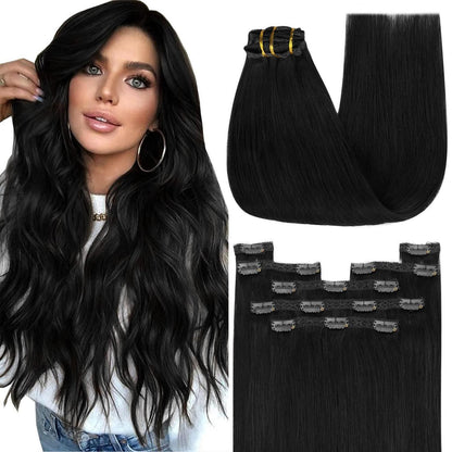 Clip-in Echthaar Extensions Schwarz 45cm – Volumenspendend & Stylingfähig