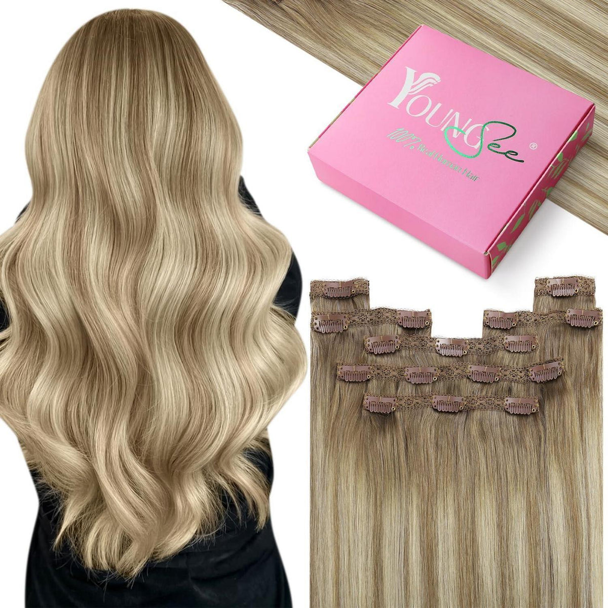 Echthaar Clip-in Extensions Ombre 40cm Hellbraun/Blond