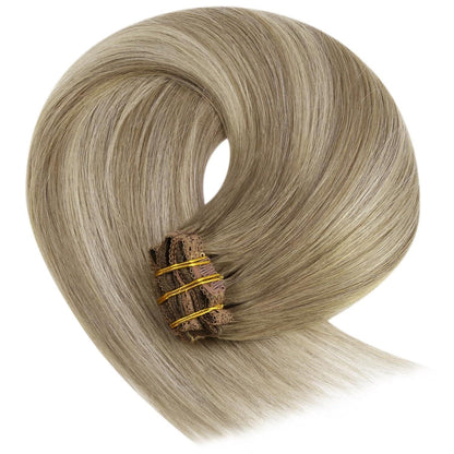 Clip-in Echthaar Extensions Ombre Hellbraun-Blond 45cm