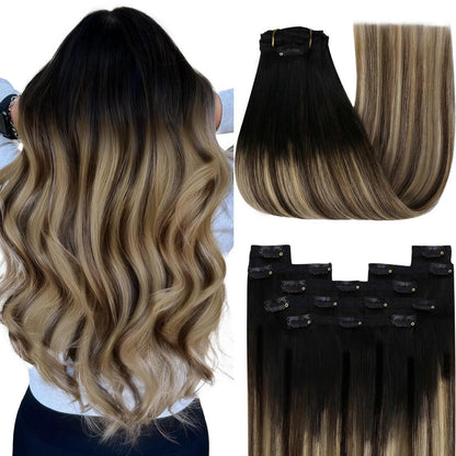 Clip-in Echthaar Extensions Schwarz Braun Blond 55cm