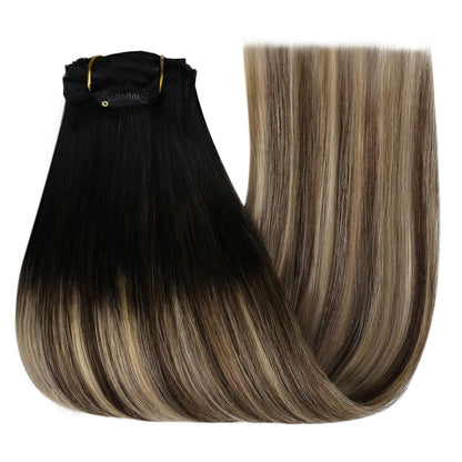 Clip-in Echthaar Extensions Schwarz Braun Blond 55cm