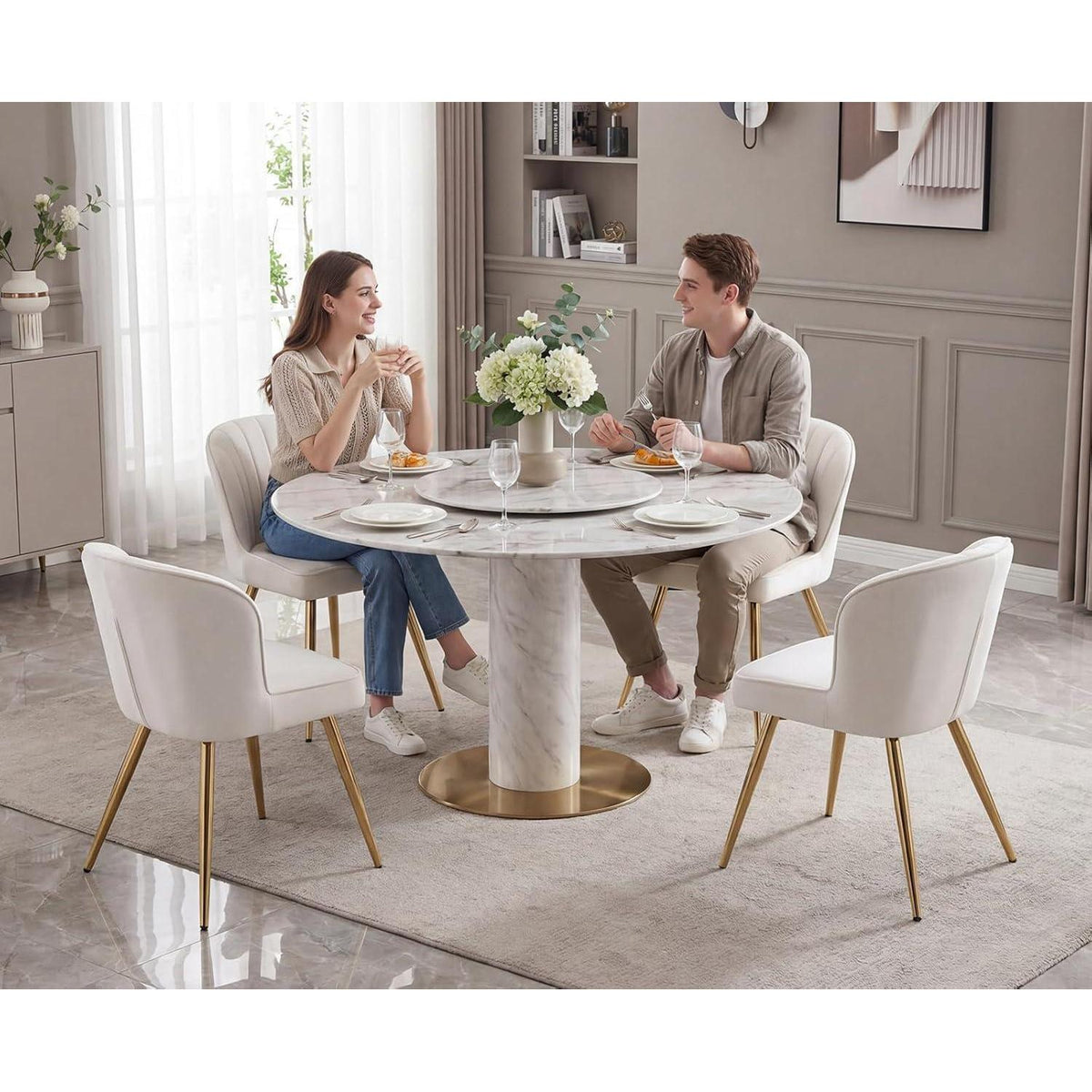 Samt 2er Set Esszimmerstühle – Beige, Modern & Bequem