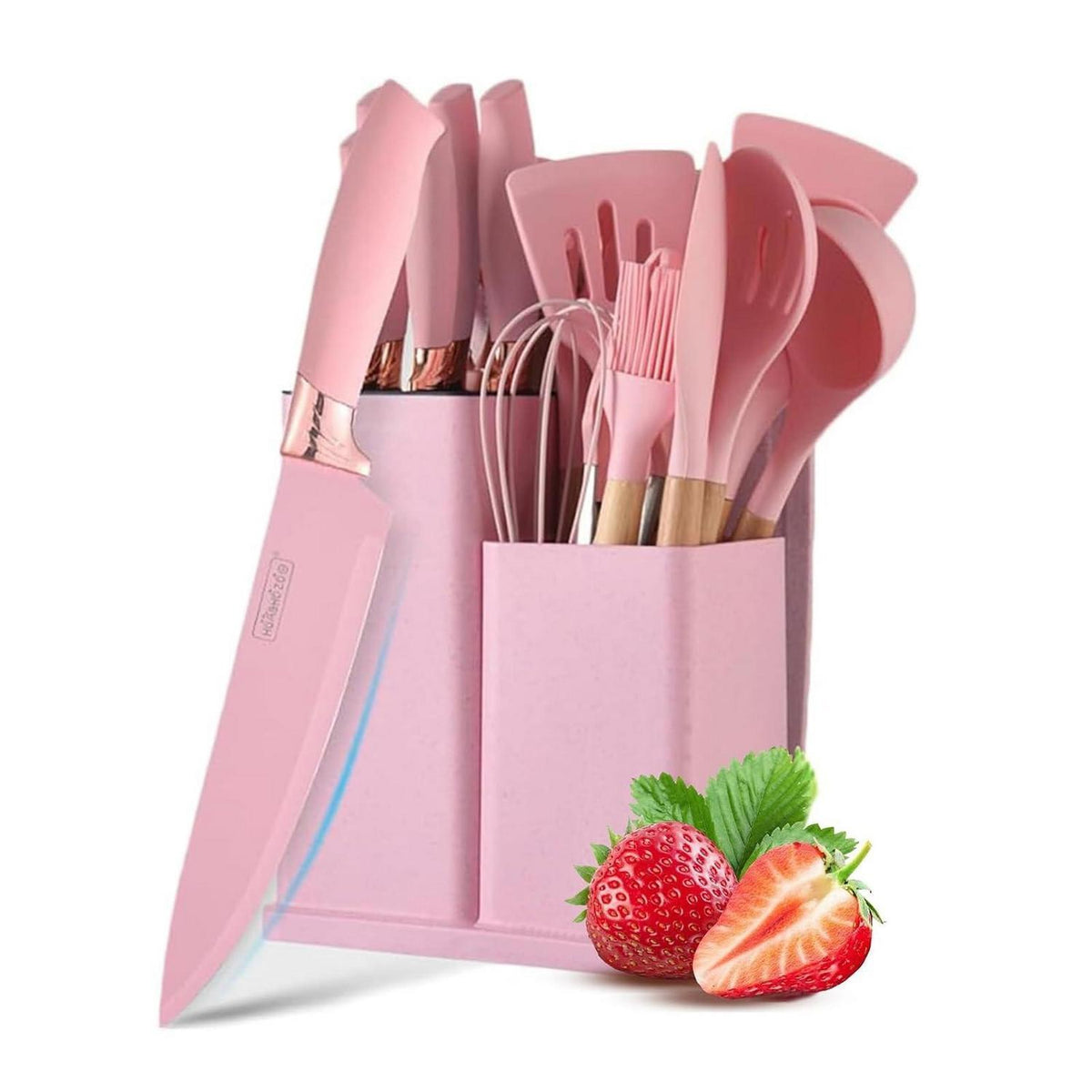19-teiliges Küchenset Rosa mit Messerblock & Silikon Pfannenwender