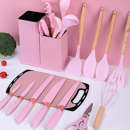 19-teiliges Küchenset Rosa mit Messerblock & Silikon Pfannenwender