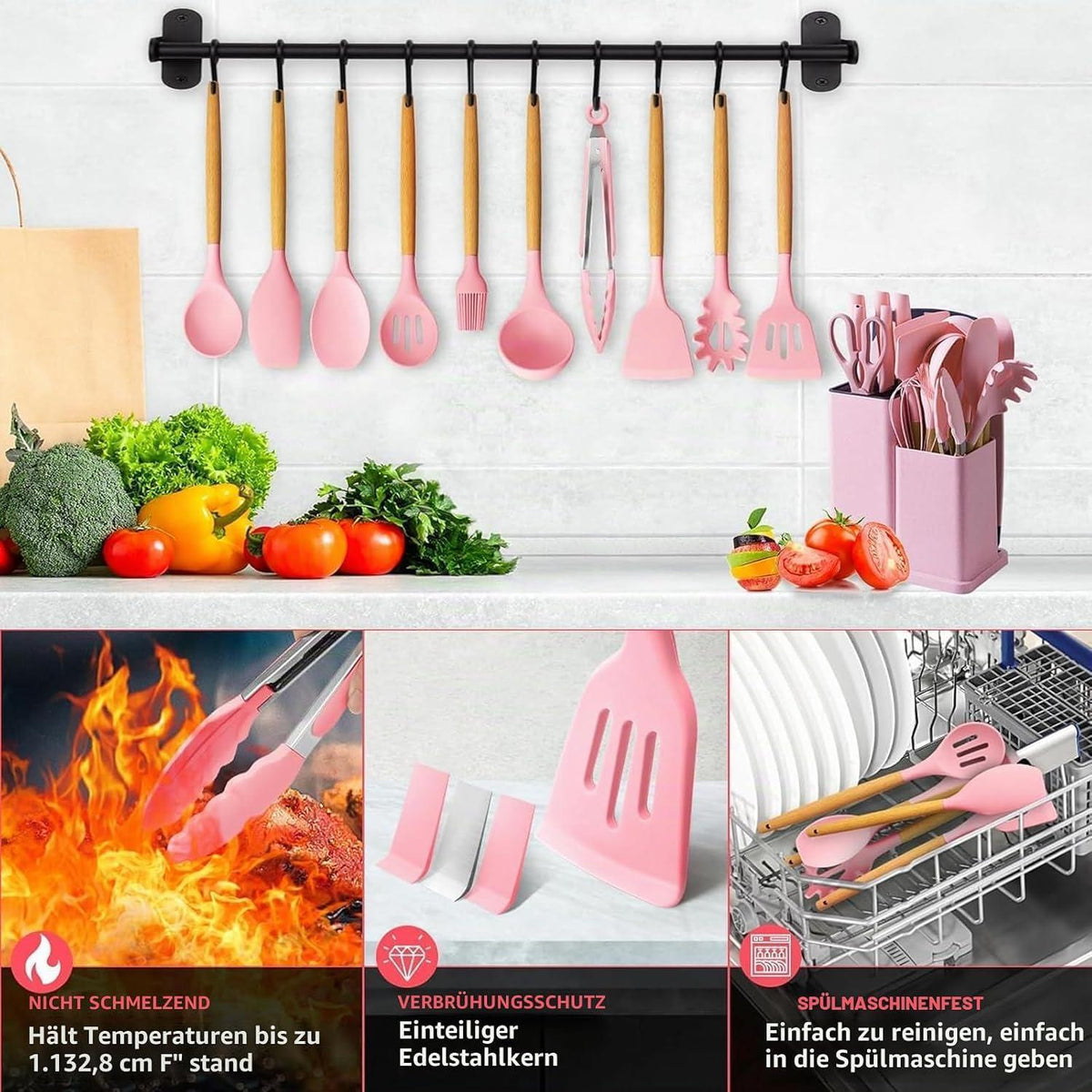19-teiliges Küchenset Rosa mit Messerblock & Silikon Pfannenwender