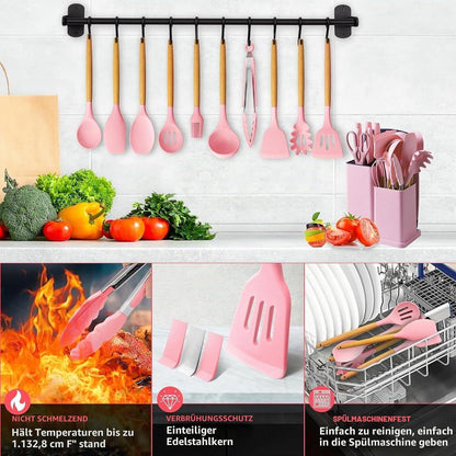 19-teiliges Küchenset Rosa mit Messerblock & Silikon Pfannenwender