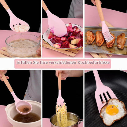 19-teiliges Küchenset Rosa mit Messerblock & Silikon Pfannenwender
