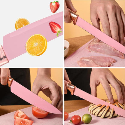 19-teiliges Küchenset Rosa mit Messerblock & Silikon Pfannenwender