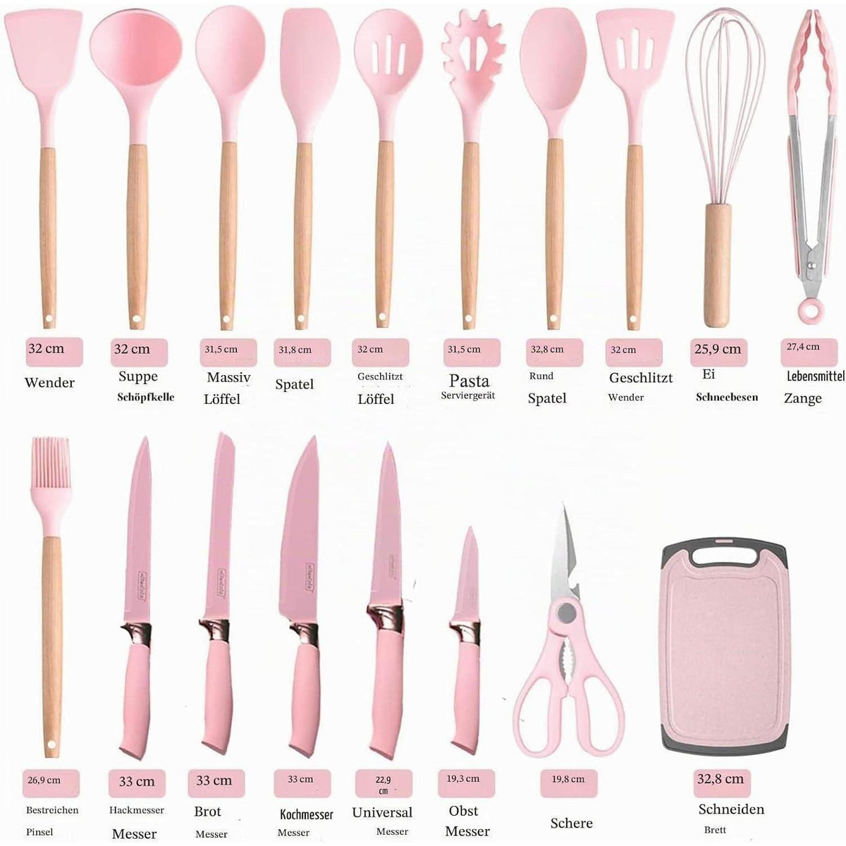 19-teiliges Küchenset Rosa mit Messerblock & Silikon Pfannenwender