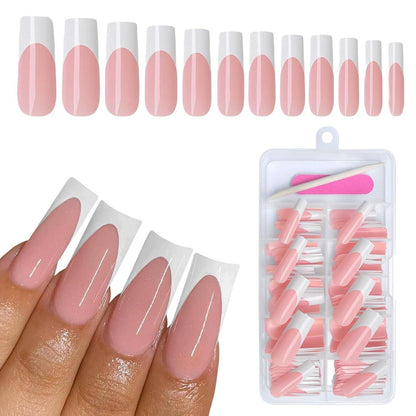 120er Set Lange Französische Press On Nails - Weiße Viereckige Falsch Nägel