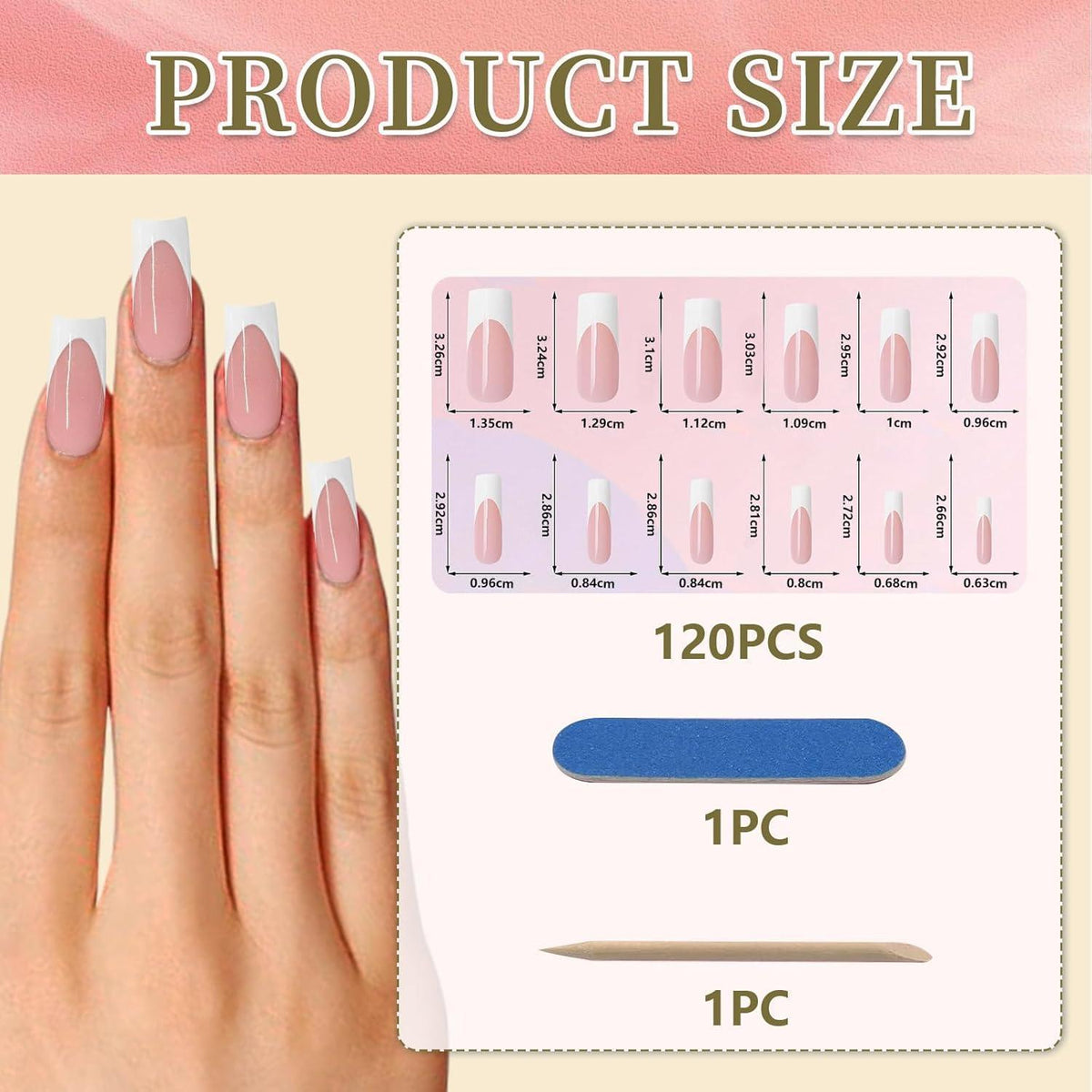 120er Set Lange Französische Press On Nails - Weiße Viereckige Falsch Nägel