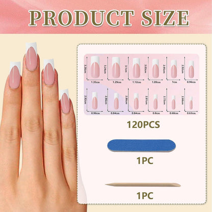 120er Set Lange Französische Press On Nails - Weiße Viereckige Falsch Nägel