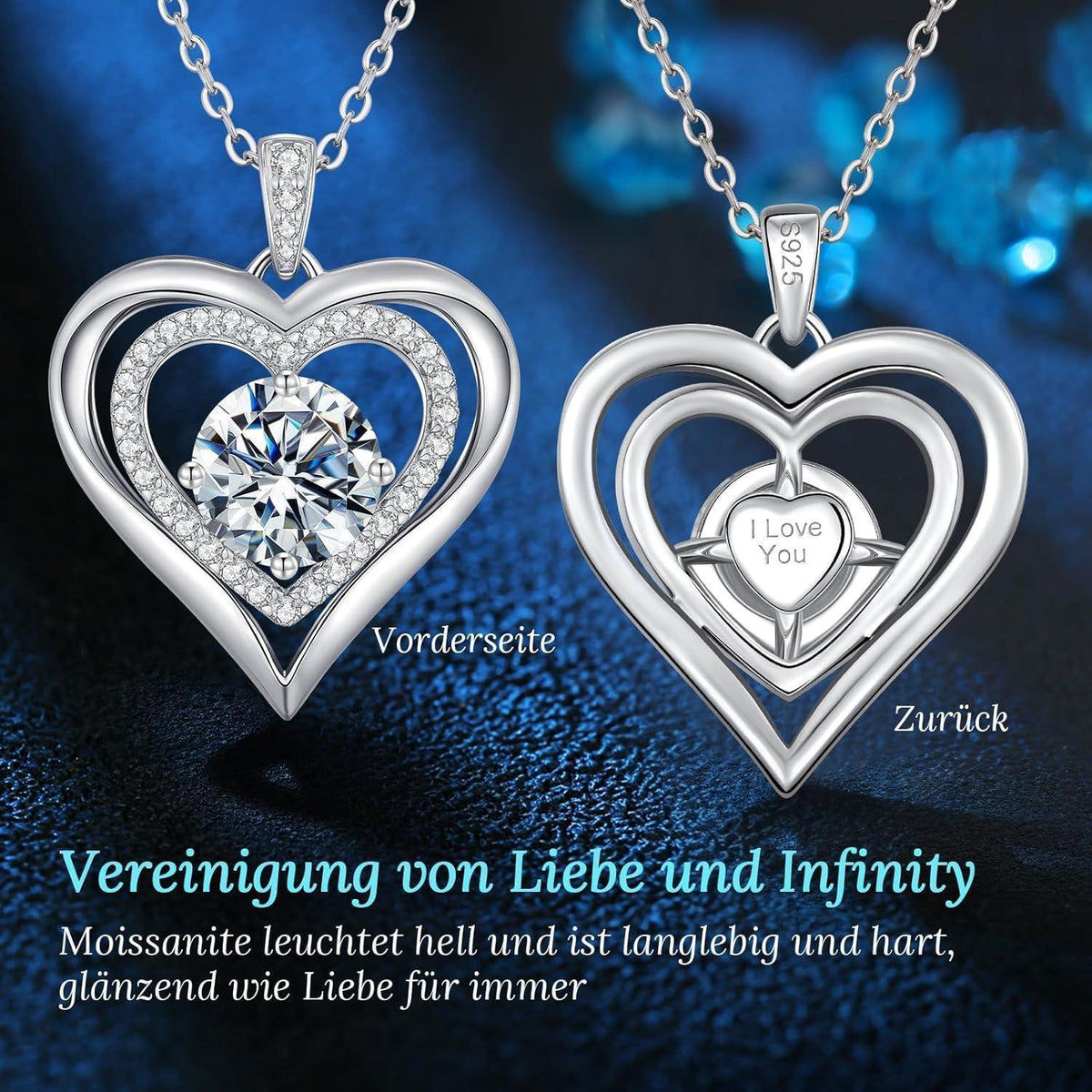 Silber Halskette Damen Herz Moissanit vergoldet