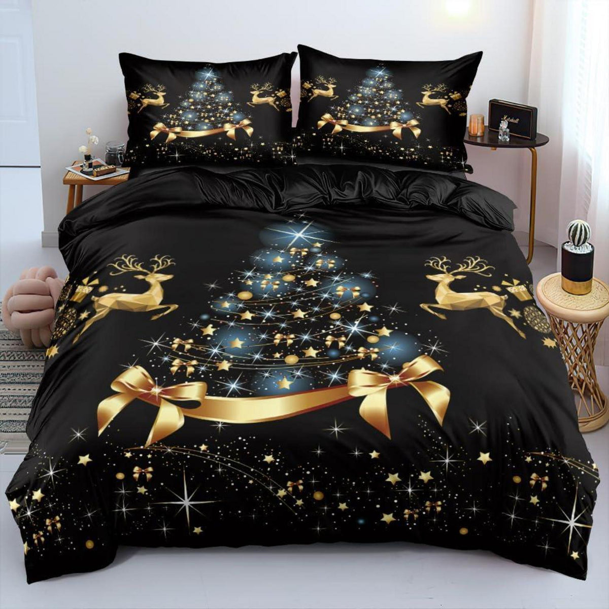 Weihnachts Bettwäsche Set 135x200 - Schwarz Gold Blau 4-teilig