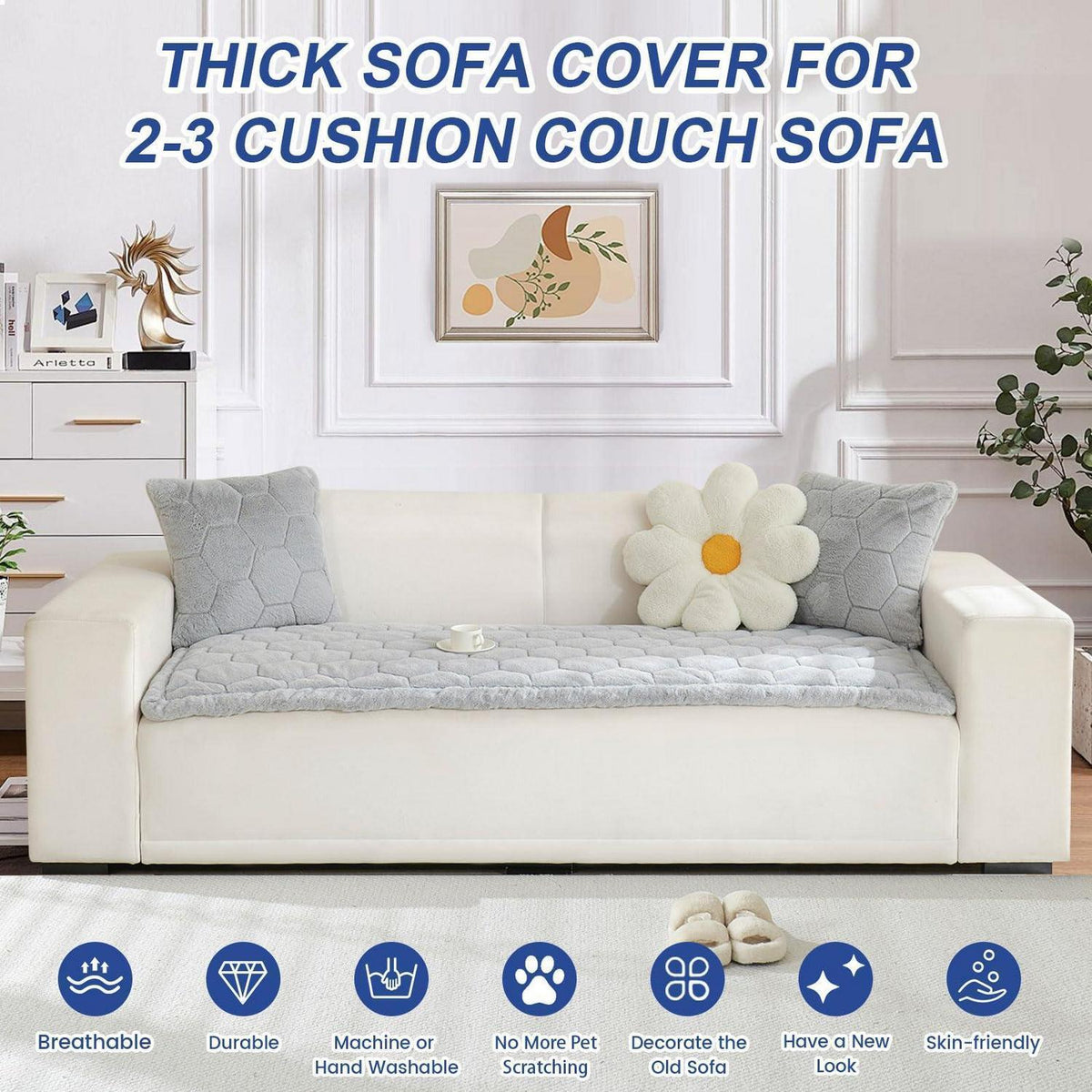 Dicker Sofaüberzug rutschfest – Hellgrau 90x210cm