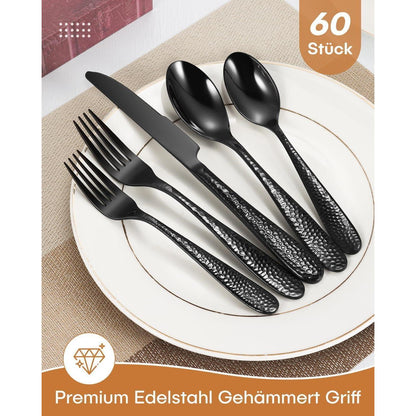 60-teiliges Besteckset für 12 Personen, Schwarz, Gehämmert