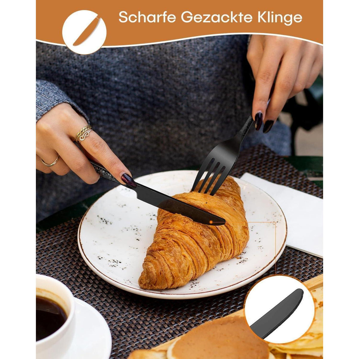 60-teiliges Besteckset für 12 Personen, Schwarz, Gehämmert