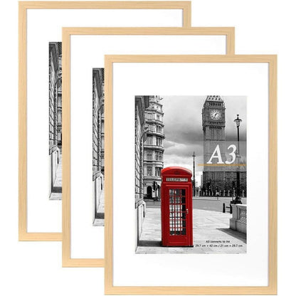 Bilderrahmen A3 Natur 3er Set mit Passepartout für A4 Wandmontage