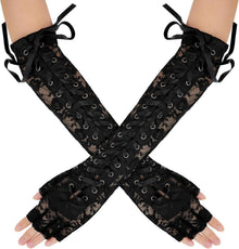 Damen Spitzenhandschuhe Gothic Armstulpen Schnürung Schwarz