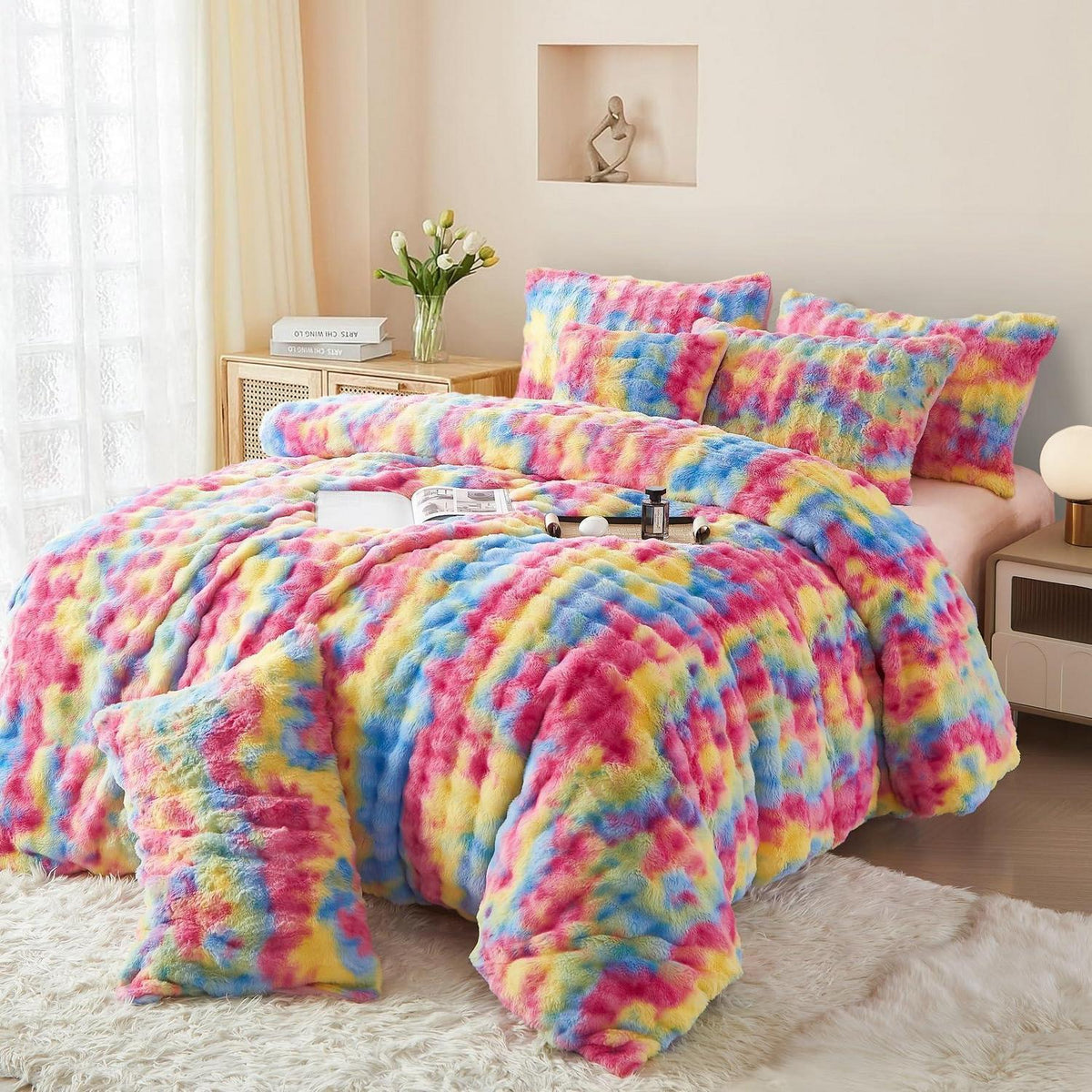Plüsch Bettwäsche Set Winterwarm Regenbogen Bunt 220x240 cm