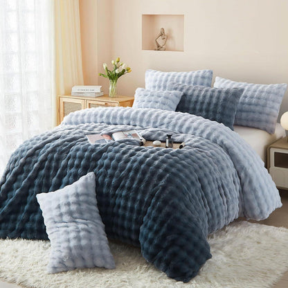 Langhaar Plüsch Bettwäsche Set 200x220 Grau Blau Winterwarm