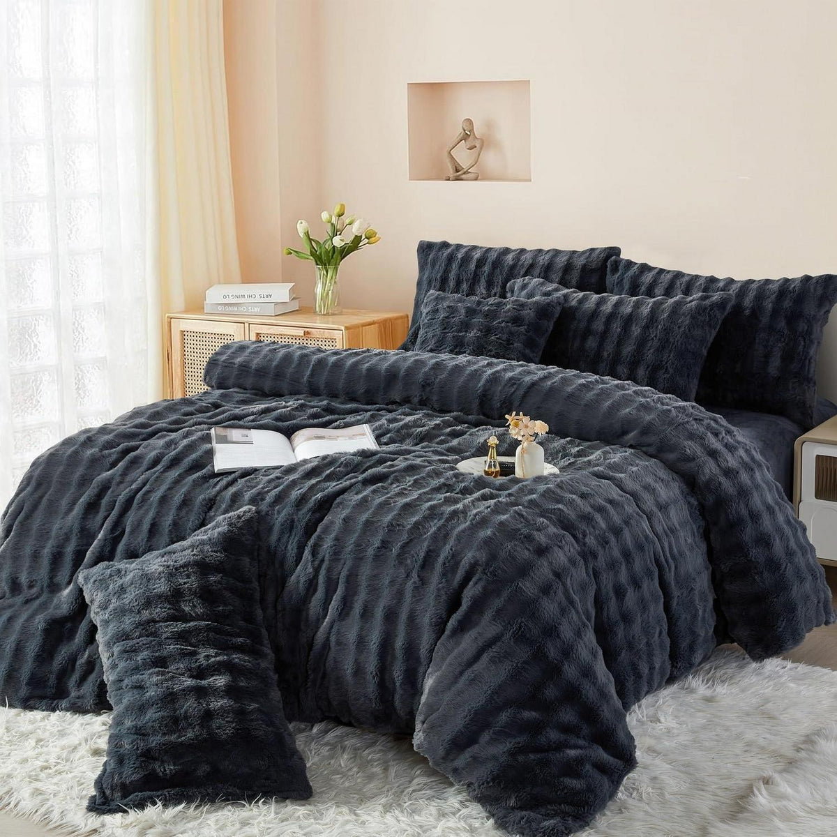 Plüsch Bettwäsche Set 220x240 Grau - Winterwarm & Kuschelig