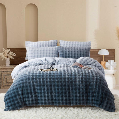 Flauschige Plüsch Bettwäsche 135x200 Grau Blau Winter Set
