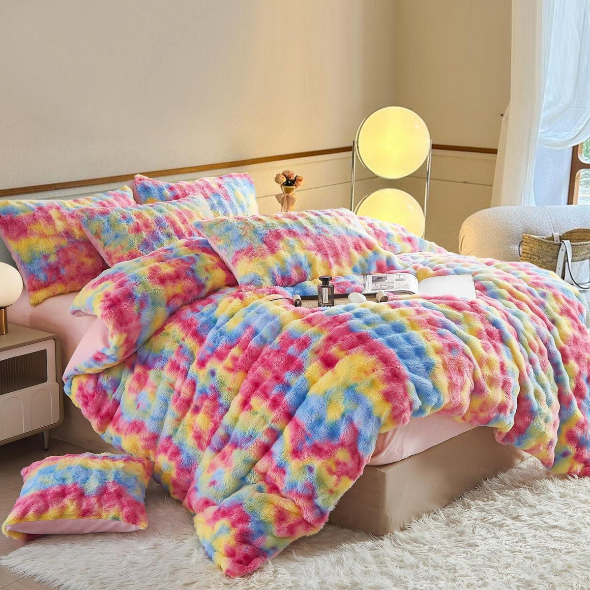 Plüsch Bettwäsche Set Winterwarm Regenbogen Bunt 155x220 cm