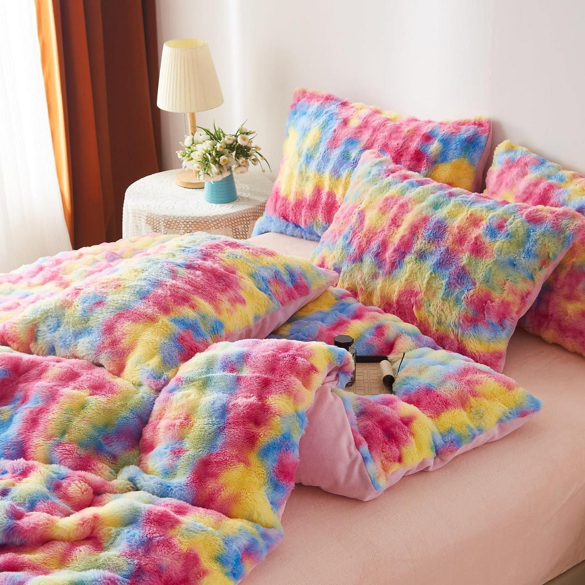 Plüsch Bettwäsche Set Winterwarm Regenbogen Bunt 155x220 cm