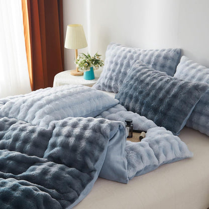 Langhaar Plüsch Bettwäsche Set Grau Blau Winterwarm