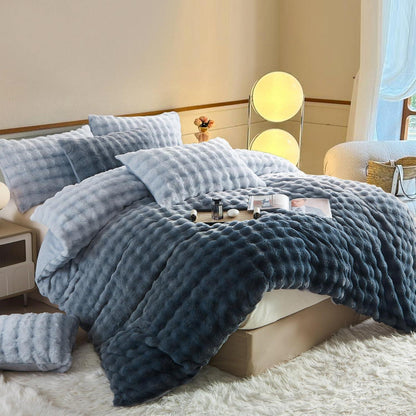 Langhaar Plüsch Bettwäsche Set 200x200 - Grau Blau Winterwarm