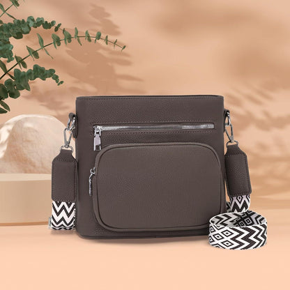 Damen Umhängetasche Mittelgroß Crossbody Bag Veganes Leder Graubraun