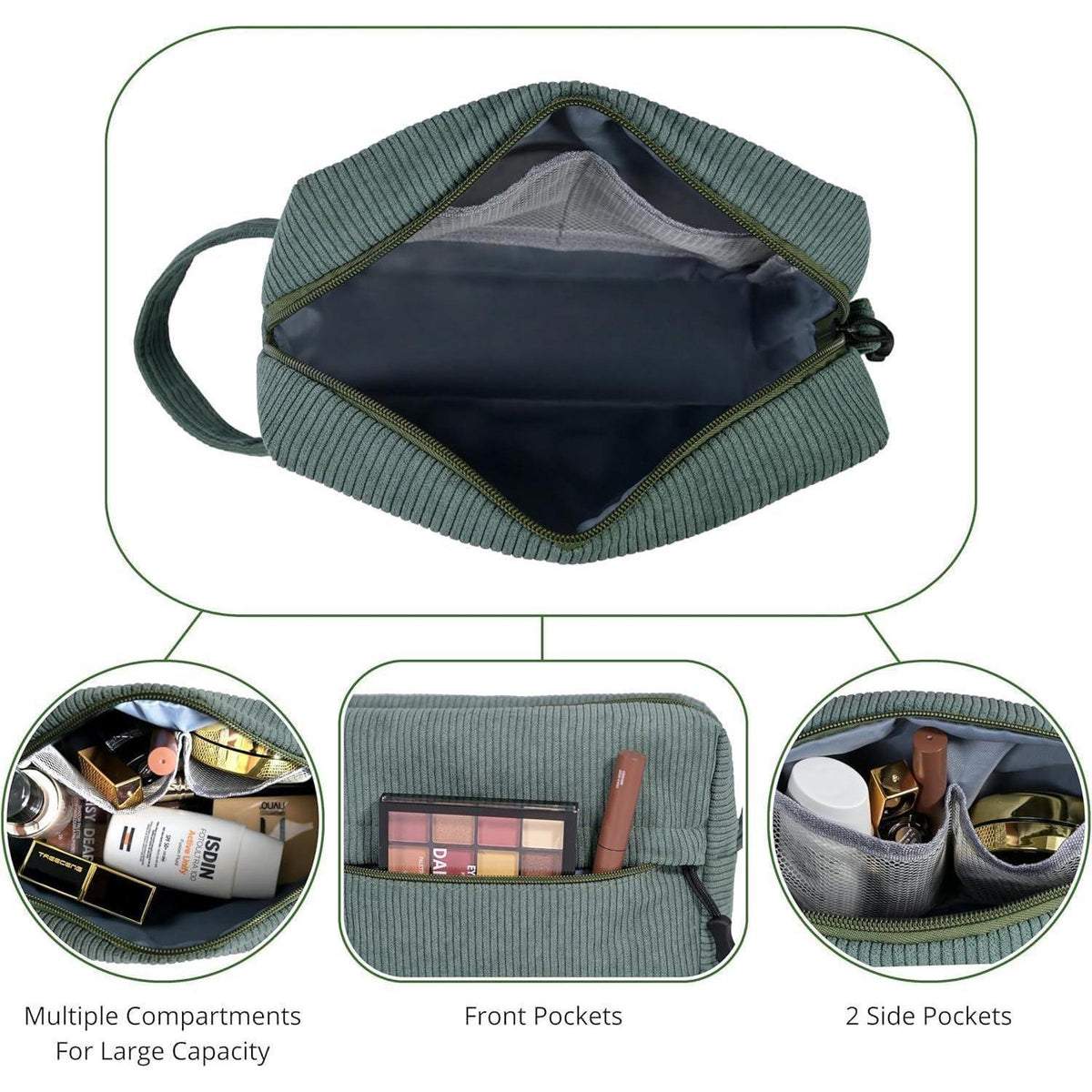 Cord Kosmetiktasche Set Damen Grün mit Aufhänger und Täschchen