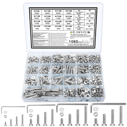 1080-teiliges Schrauben- und Muttern-Set M3-M6 mit Unterlegscheiben