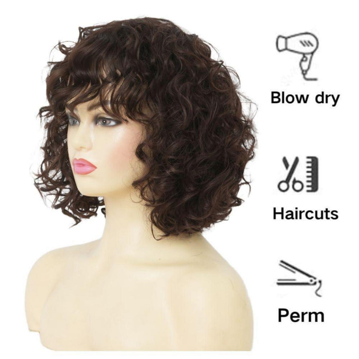 Kurze braune lockige Perücke mit Pony – Schulterlang & natürlich