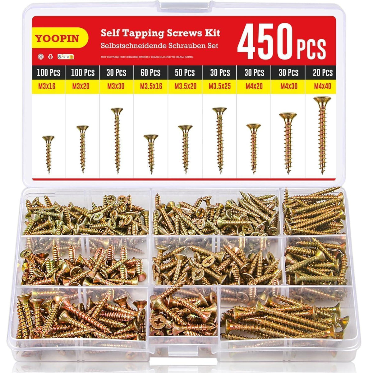 Holzschrauben Set 450 Stück, Zink, Phillips Senkkopf, M3-M4