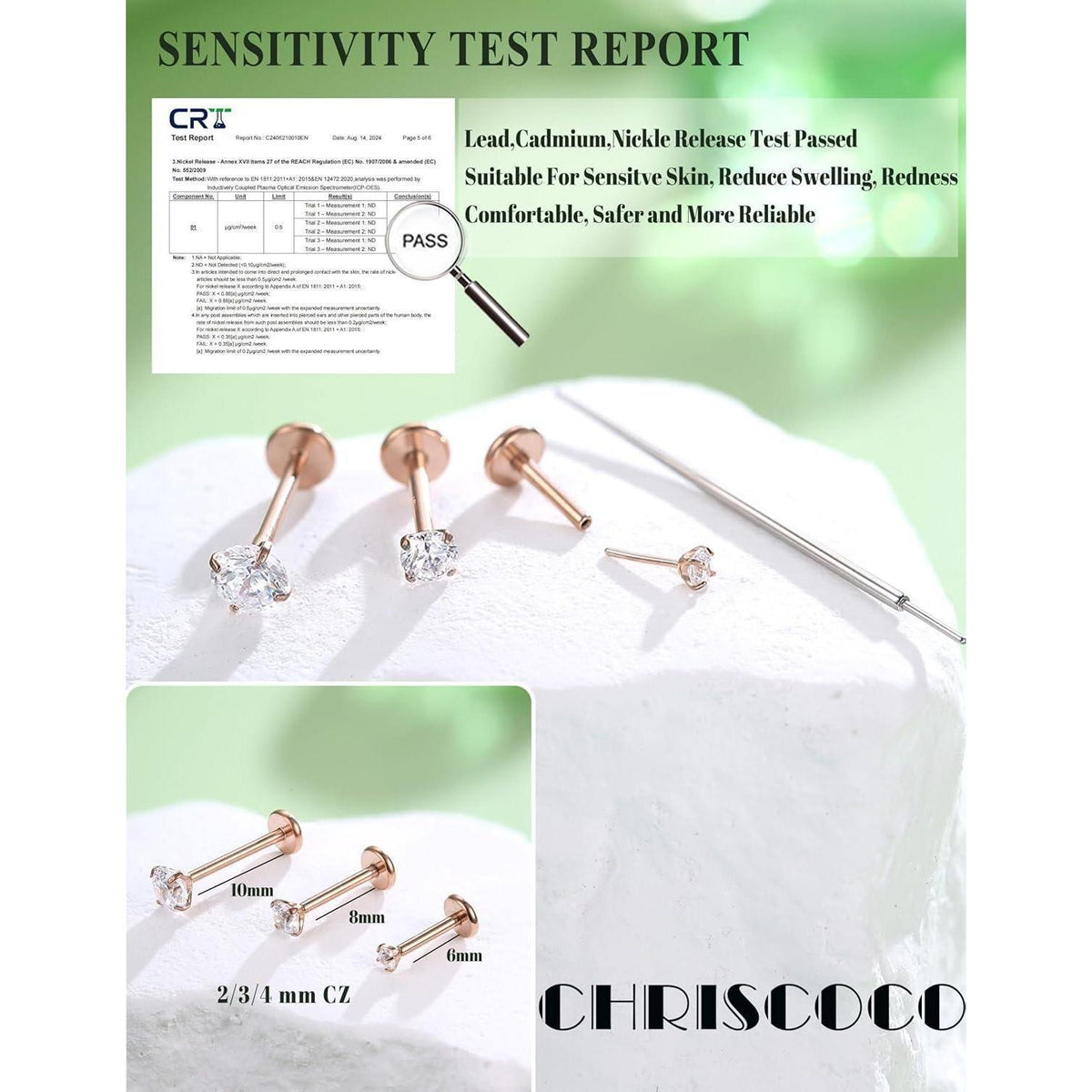 Titan Labret Piercing mit CZ, Roségold, 3er Set